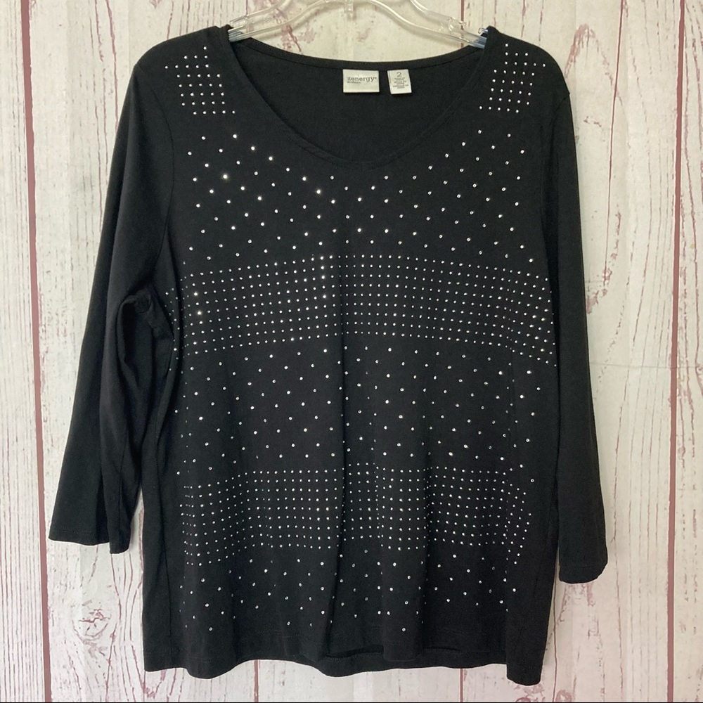Zenergy by Chicos Women’s 2  L  Large Black 3/4 Long Sleeve Rhinestone Top